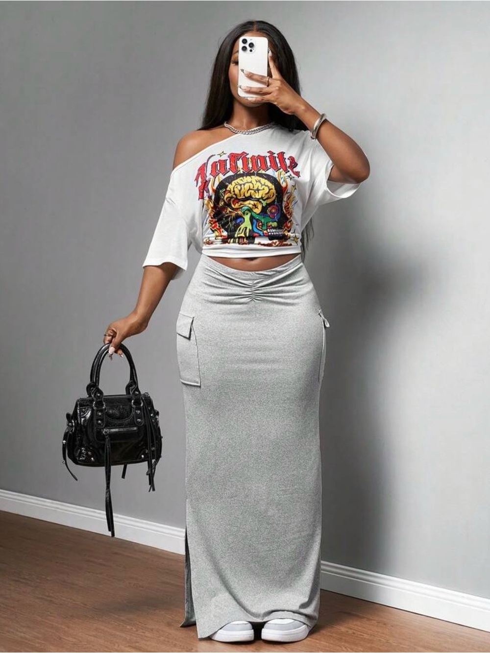 Grey Ruched Maxi Skirt with Side Pocket - Women Skirts
